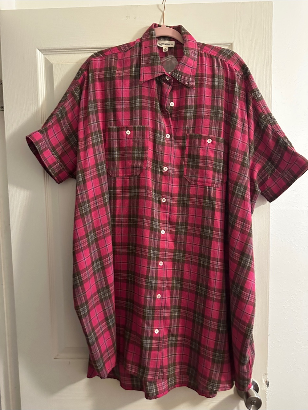 NWOT Women's Short-Sleeve Oversized Plaid Shirt Dress- Pink